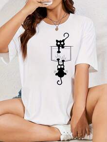 Women's Casual Cotton Crew Neck T-Shirt Is A Plus-Size Casual T-Shirt With Animal Prints, Made Of 100% Polyester Knit Fabric. This Regular-Fit, Short-Sleeved Top For Women Has Medium Stretch And Is Suitable For Home, Work, And Outdoor Wear – Perfect For All Seasons. A Simple T-Shirt For Everyday Wear. - 白色 - 查看 7