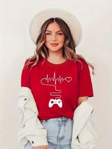 Women's Cotton T-Shirts, Round Neck, Casual Style - Loose And Comfortable Casual T-Shirt For Women Video Game Lovers, With Letter Print - Suitable For Home And Sports Wear, Loose Spring/Summer Clothing For Women - New Product Launch, Simple T-Shirt For Everyday Wear. - 紅色 - 查看 7