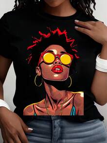 Women's Soft Vintage Printed T-Shirt, Short Sleeve Top With Retro Pop Art Design, Casual Round Neck Shirt, Bold African American Aesthetic Style, Elegant Blouses For Women. - 黑色 - 查看 1