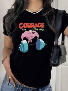 100% Cotton. Brave And Muscular Dog Lifting Weights, Inspiring Strength And Humor In A Fun Cartoon Style. Women's 100% Cotton Simple Solid Color T-Shirt, Loose And Slim Fit Casual Short Sleeve - 黑色 - 查看 1