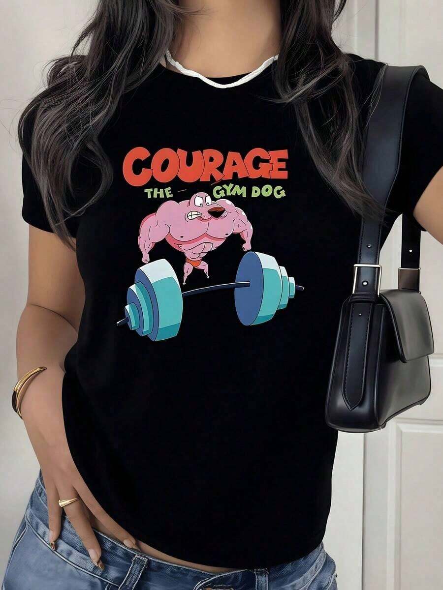 100% Cotton. Brave And Muscular Dog Lifting Weights, Inspiring Strength And Humor In A Fun Cartoon Style. Women's 100% Cotton Simple Solid Color T-Shirt, Loose And Slim Fit Casual Short Sleeve - 黑色 - 查看 1