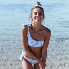Popular Two-Piece Bikini With Blue Vertical Striped Print, With A Tie On One Shoulder. - NK133-bL - View 4