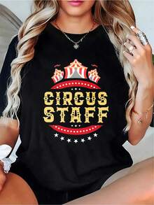 Camiseta gráfica de personal de circo para mujer - con carpa de circo roja y dorada y letras de circo - Top casual elástico de manga corta y cuello redondo para artistas de circo, fiestas temáticas y atuendos diarios - Ropa lavable a máquina para primaver - Negro - Ver 4