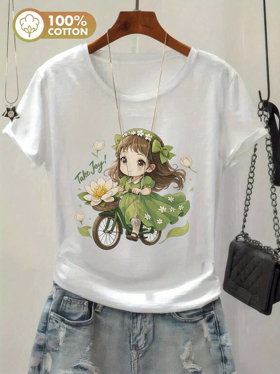 Women's Casual Short Sleeve T-Shirt - Fun Bicycle And Flower Print, Round Neck, Comfortable Fit For Spring/Summer, Feminine Style, "Take Joy!" Graphic Top, Playful Design, Adult T-Shirts - 白色 - 查看 1