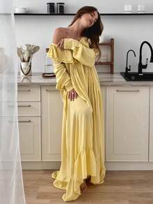 Vestido largo cuello V con volantes y manga acampanada, estilo vacacional primavera verano 2026 - Amarillo - Ver 1