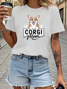 Vintage Style Corgi Mom T-Shirt - 90s American Retro Design, Casual Short Sleeve Crew Neck T-Shirt With Corgi Print, Machine Washable, Ideal For Everyday Wear By Pet Moms. - 白色 - 查看 1