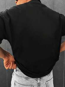 Men's Fashionable Versatile Casual Letter Print Round Neck T-Shirt, Summer - Black - View 2