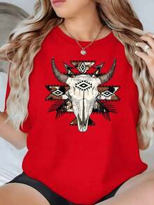 100% Cotton. Bull's Head With Long Horns Surrounded By  Geometric Patterns That Evoke Strength, Nature, And Spirit. Women's 100% Cotton 220g T-Shirt. Women's Simple Solid Color T-Shirt, Loose And Slim Fit Casual Short Sleeve - 紅色的 - 查看 11