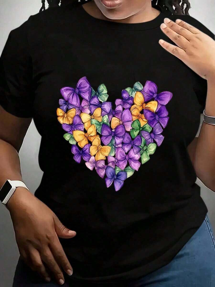 Women's T-Shirt, Floral Heart Print, Spring/Summer Fashion, New Arrivals, Women's Clothing, Gifts For Women - 黑色 - 查看 1