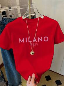 Simple, Casual And Versatile T-Shirt With English Letter Print, Short Sleeves And Round Neck. - 紅色 2 - 查看 6