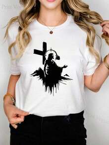 2026 New Cotton Shirt 100% Cotton Women's T-Shirt With Christ Cross Pattern - Breathable Round Neck, Short Sleeve, Unisex Summer Casual Top With Cross Design Women's Simple Solid Color Shirt, Loose And Casual Short Sleeve - 黑色 - 查看 7