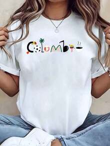 Women T Shirt Colombo Graphic Print Round Neck Short Sleeve Casual Summer Top Giftplayeras De Mujer - 白色 - 查看 1