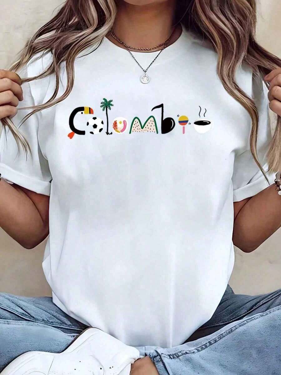 Women T Shirt Colombo Graphic Print Round Neck Short Sleeve Casual Summer Top Giftplayeras De Mujer - 白色 - 查看 1