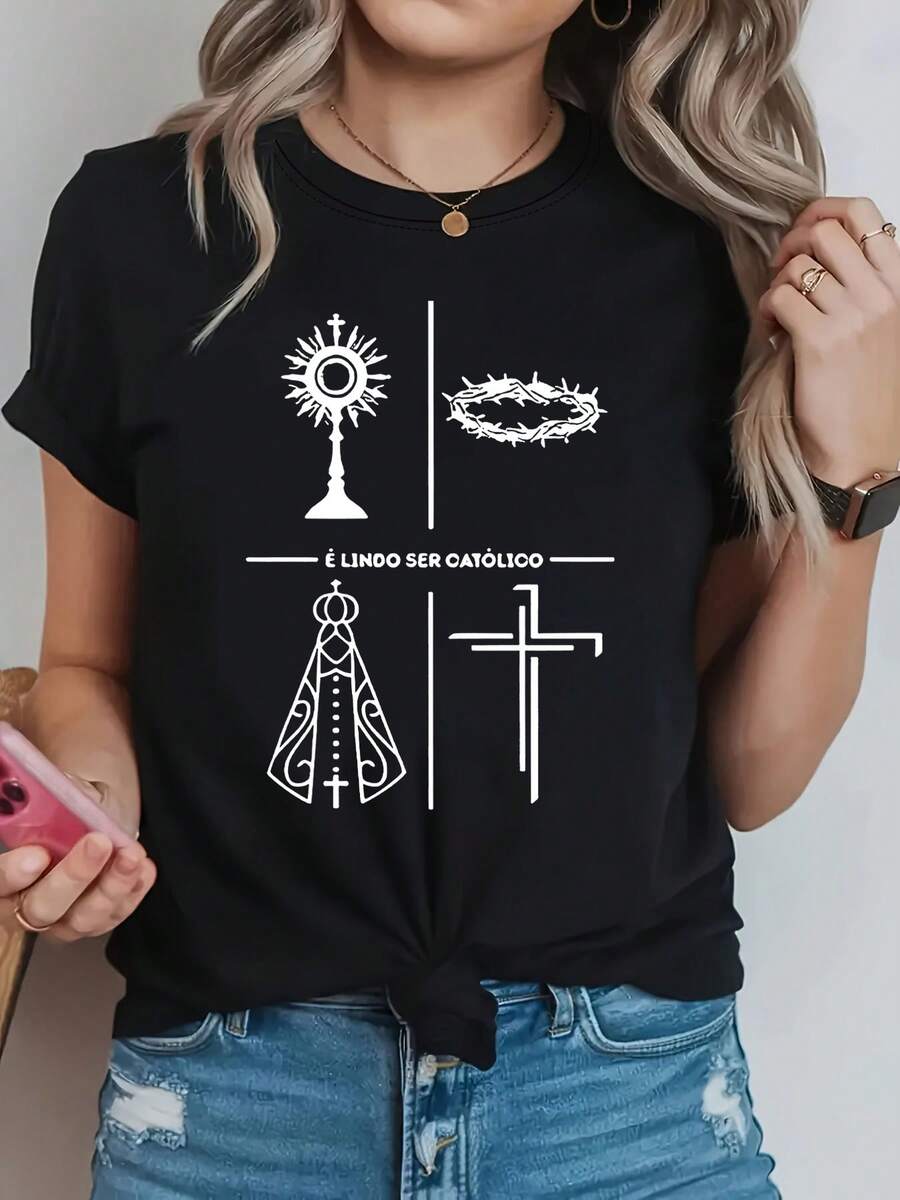 Portuguese É INDO ER CATÓICO Women's Plus Size Short Sleeve Crew Neck T-Shirt With Creative Design Letter Print And Special Cultural Symbol, For Spring/Summer, Ideal For Daily Shopping, Travel, Vacation, Christmas Gifts, Parties, Elegant, Nostalgic And Retro. Elegant Party Outfit, T-Shirt For Elegant Ladies, Blouses Suitable For Curvy Women, Casual Wear, Cool And Sweat-Free Summer Clothes, Fun Letter Print - 黑色 - 查看 1