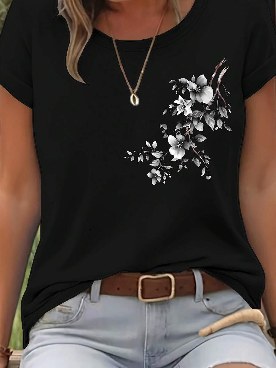 Short-Sleeved T-Shirt With A Fresh Blue Forest-Style Floral Print, Regular Fit And Round Neck, Women's Clothing For Spring And Summer, Casual Outdoor Fashion, Lightweight And Breathable Fabric, Ideal For Gifts For Daughters, Sisters, Birthday Gifts - 黑色 - 查看 1