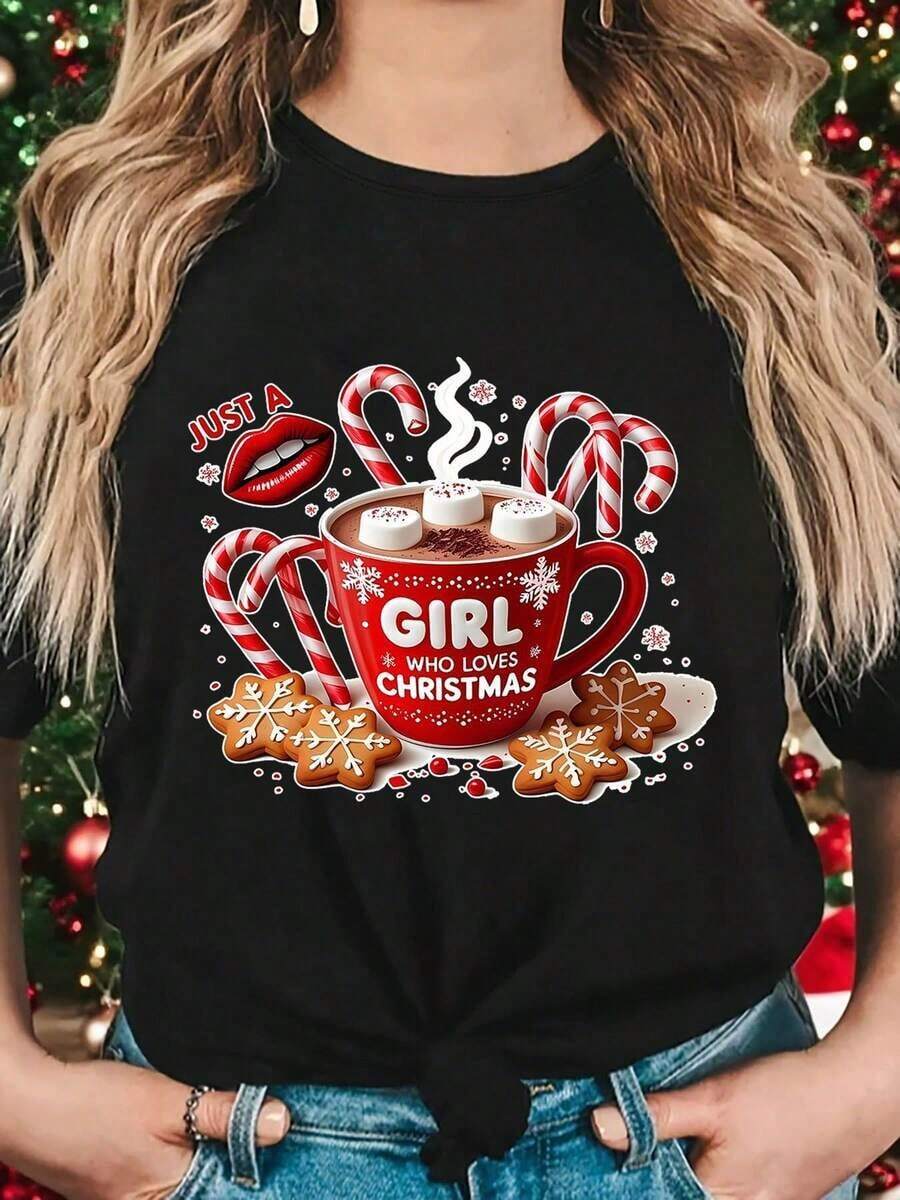 Women's Round Neck T-Shirt For Spring/Summer With A Warm And Sweet Christmas Print: Hot Chocolate Mug, Candy Cane, Gingerbread. Women's Blouses > Clothing - 黑色 - 查看 1
