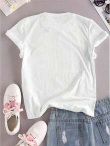 Camiseta Suave para Mujer con Estampado Floral y Letras |     Cuello Redondo Casual |     Manga corta |     Ligero y Elástico |     Lavable a máquina |     Diseño Multicolor |     Camiseta de uso diario, cómoda y adaptable a todas las estaciones. |     Camiseta Gráfica Expressive, Camisetas Gráficas, Tops para Mujer, Camiseta de Verano, Camiseta Casual, Camisetas de Verano, Tops, Conjuntos de Verano para Mujer, blusas elegantes dama - Blanco - Ver 2