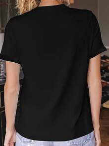 Women's Short Sleeve T-Shirt, Bright Star, Unique Light Print, Casual Black Round Neck T-Shirt, Elastic, Machine Washable, Suitable For Spring/Summer/Autumn. - 黑色 - 查看 2