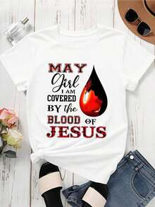 Soft 100% Cotton Women's T-Shirt, Crew Neck, With "May Girl I Am Covered By The Blood Of Jesus" Print, Short Sleeves, Christian Statement Top For Casual Wear And Religious Events. Breathable Cotton T-Shirt, Goes With Everything, Great. - 白色 - 查看 2