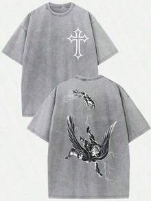 Women's & Men's Casual Loose Fit T-Shirt (230g T-Shirt) For Men, Washed Cotton With Lightning Angel Graphic Print, Short Sleeve Crew Neck T-Shirt, Casual Oversize Style, Urban Retro Top With Dark Religious Print. - 灰色的 - 查看 5