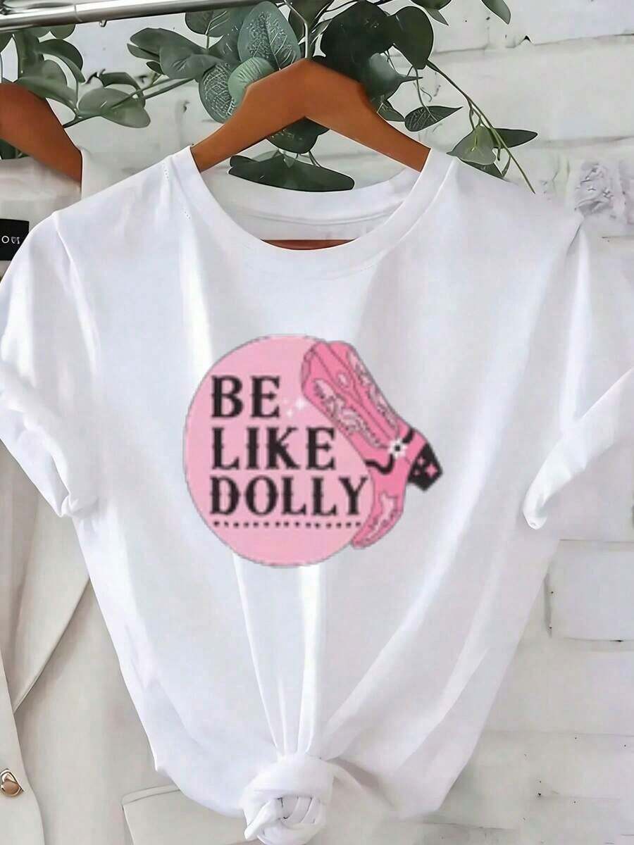 Premium And Comfortable White T-Shirt, Printed With The Pink "BE LIKE DOLLY" Pattern, High Heel Illustration, Knot Detail, Casual Round Neck, Can Be Hung On A Wooden Hanger, Summer T-Shirt, Suitable For Everyday Wear, Gift Idea - 白色 - 查看 1