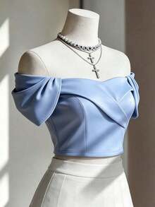 Blusa corta elegante de estilo francés con diseño plisado, cintura ceñida, efecto estilizante, de moda, de alta gama, refinada, para verano - Azul - Ver 3