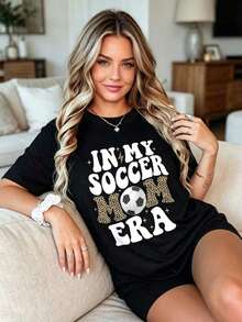 Women's T-Shirt 100% Cotton T-Shirt For Soccer Mom With Leopard Print, 'In My Soccer Mom Era' T-Shirt - 黑色 - 查看 4