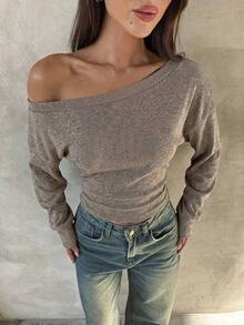 Top de manga larga asimétrico de hombro de punto de color albaricoque para mujer, otoño/invierno - Marrón - Ver 5