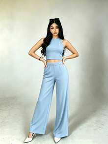 2-Piece Set Of Tank Top And Solid-Color Pants For Casual Holiday Wear - Blue - View 2
