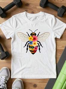 Women's Printed T-Shirt - Casual Short Sleeve Crew Neck T-Shirt In White With Colorful Floral Bee Graphic. Relaxed Fit For All Seasons, Perfect For Everyday Wear And Holiday Outfits (Machine Washable). - 白色 - 查看 7
