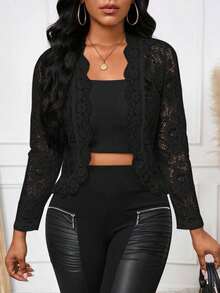 Lady Chaqueta elegante y casual con volantes de encaje para uso diario, para otoño - Negro - Ver 8