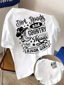 Camiseta de verano premium para mujer en talla grande, con estampado de temática rústica y de música country, camiseta blanca de moda para mujer, estilo casual de corte ajustado, con patrones que incluyen sombreros de vaquero, botas y estrellas decorativas, perfecta para el estilo country, fiestas de festivales, disfraces para adultos, celebraciones de temporada, estampados divertidos de temporada, calidad de impresión duradera y ropa a la moda. - Negro - Ver 7