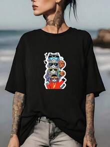 Cool Cat Print T-Shirt - Soft And Stylish 180g T-Shirt For Men And Women | The Perfect Gift For Friends And Family. | Ideal For Summer Trips, Beach Parties, And Team-Building Activities. | Stylish Design Suitable For Everyday Casual Wear. | Lightweight And Comfortable Unisex Top - 黑色 - 查看 1