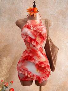 2026 Nuevo vestido de mujer con escote sexy, estampado floral y cuello halter, con diseño de volantes en el borde, estilo Y2K revival, estilo dulce y picante, look de vacaciones, para adultos jóvenes, tela transparente, ajuste ceñido, ligero.Adec - Naranja - Ver 7