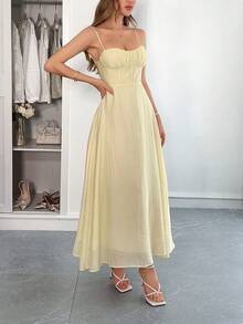 New Spring-Summer Maxi Dress For Women, Casual Holiday Style, Thin Straps, Fitted Cut, Flattering Design, Cool, Perfect For Vacation, Beach, Walks And Day Looks - 黃色 - 查看 3