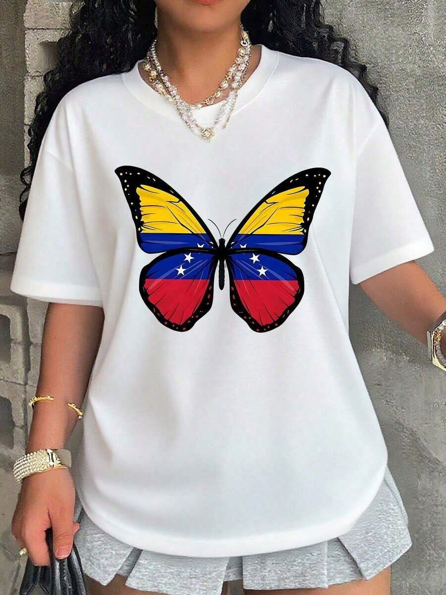 Women's T-Shirt, Flag And Butterfly Design, Fashionable Casual T-Shirt For Women, National Pride Graphic T-Shirt, Summer Clothes For Girls And Women, To Celebrate Independence Day - 白色 - 查看 1