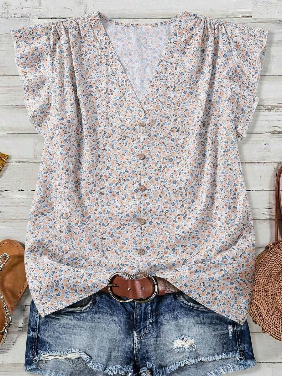 Clasi Blusa de mujer de verano con cuello en V y mangas cortas con estampado floral - Blanco - Ver 1