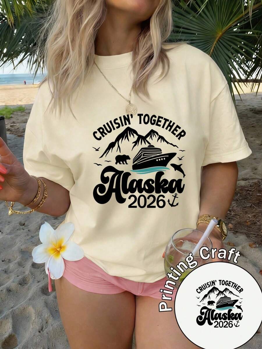 Women's Short-Sleeved Crew Neck T-Shirt, 100% Polyester Fiber, Machine Washable, Easy Care, Casual Letter Design, Printed With A Theme Of Cruises To The Snowy Mountains Of Alaska, 2026 Cruise Design, New Summer T-Shirt 2026 For Daily Wear And Travel. - 杏色 - 查看 1