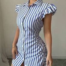 Vestido camisa elegante de vacaciones con mangas acampanadas, cintura fruncida y rayas azules - Amarillo - Ver 4