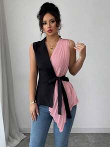 Camisa de verano casual regular plisada tejida para mujer - Rosa - Ver 6