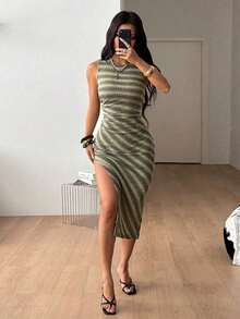 Vestido ceñido con abertura y estampado de leopardo gris sexy para mujer, moda de verano - Multicolor - Ver 5