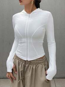 Chaqueta de manga larga sólida para mujer, ajuste delgado, minimalista ideal para primavera y verano - Blanco - Ver 9