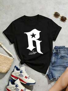 Camiseta de manga corta con cuello redondo suave y casual para mujer, con estampado gráfico de la letra R en forma de estrella, adecuada para uso diario en primavera y verano. Negro. - Negro - Ver 5