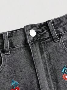 MOD Falda vaquera casual con bolsillo bordado con cerezas para mujer - Negro - Ver 4