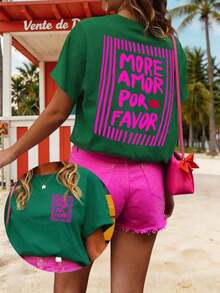 DrmWander Women's Graphic T-Shirt, Casual Short Sleeve Style, Cute Summer Top. Matching Sets For Women's Summer Outfits. Women's Spring Set. Women's Retro Set. Tropicoqueta Sets - 深灰色 - 查看 5