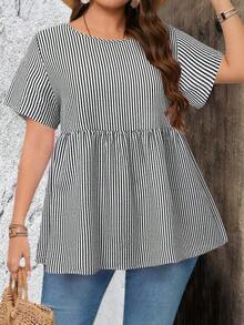 de manga corta con cuello redondo y estampado de rayas, apropiadas para el verano, tallas grandes - Blanco y Negro - Ver 1