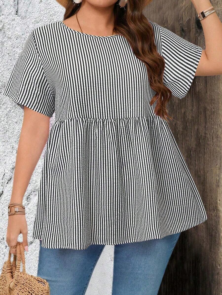 de manga corta con cuello redondo y estampado de rayas, apropiadas para el verano, tallas grandes - Blanco y Negro - Ver 1