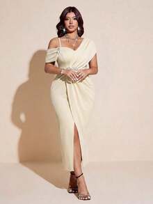 Viva Relle Vestido negro elegante y sexy para mujer de talla grande, vestido de gala formal con un hombro, cintura con strass, abertura lateral.El tono rojo es halagador y lujoso, el diseño asimétrico de un solo hombro resalta el hombro y la línea del cuello, la cintura con strass acentúa las curvas, y el diseño de abertura alta es sexy y elegante. - Albaricoque - Ver 6