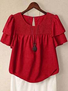 Linhara Blusa casual de verano de talla grande para mujer, de unicolor, cuello redondo, manga corta de doble capa, plisada, de moda versátil para vacaciones - Rojo - Ver 1