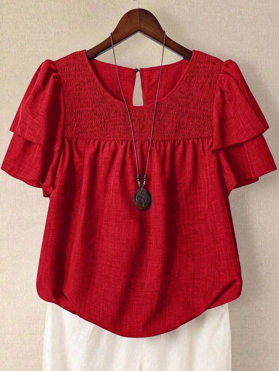Linhara Blusa casual de verano de talla grande para mujer, de unicolor, cuello redondo, manga corta de doble capa, plisada, de moda versátil para vacaciones - Rojo - Ver 1